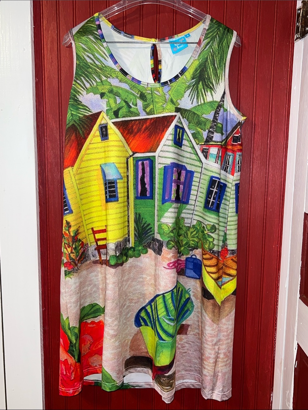 Colorful Beach House Graphic Sleeveless Dress M